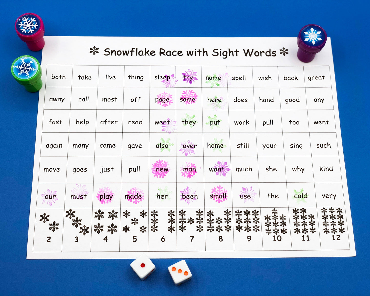 Snowflake Race Math and Literacy Stamper Game