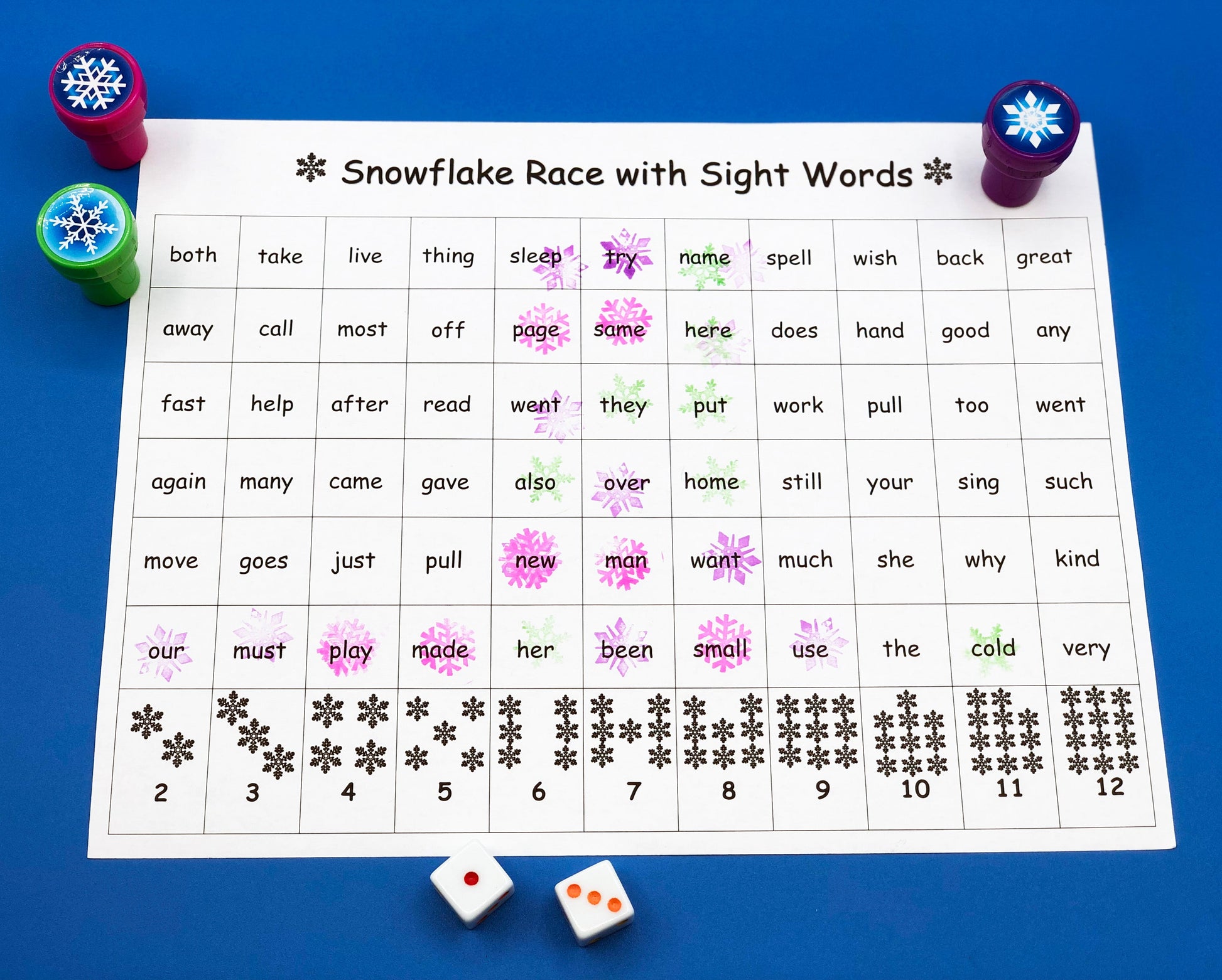 Snowflake Race Math and Literacy Stamper Game