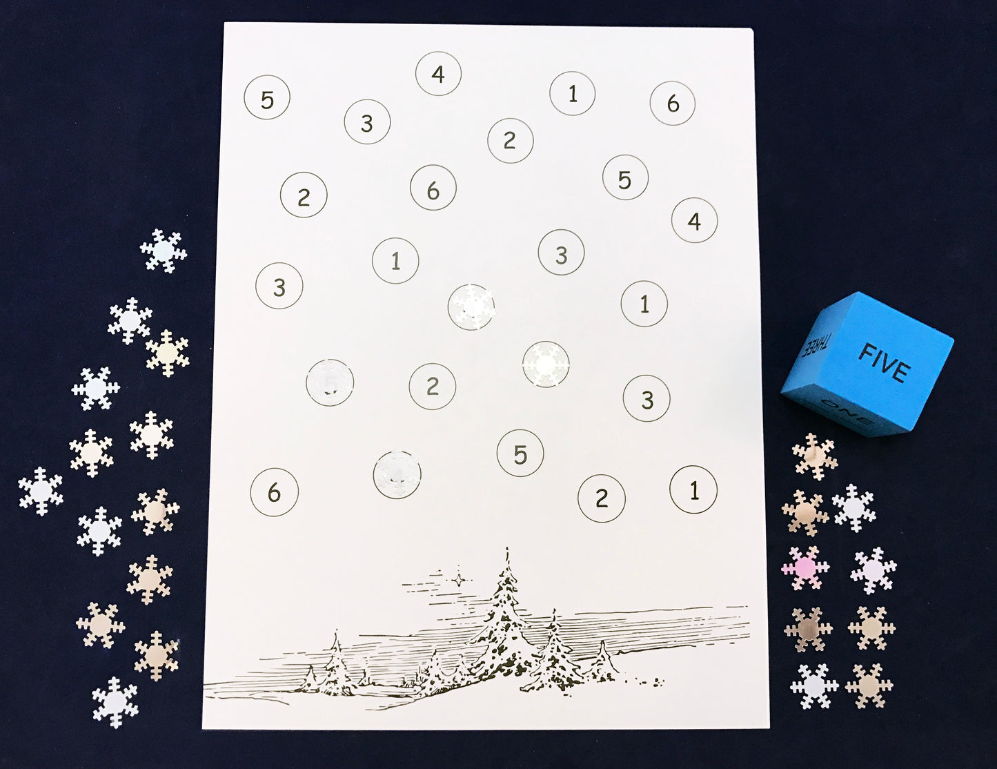 Roll a number and cover board - winter math game