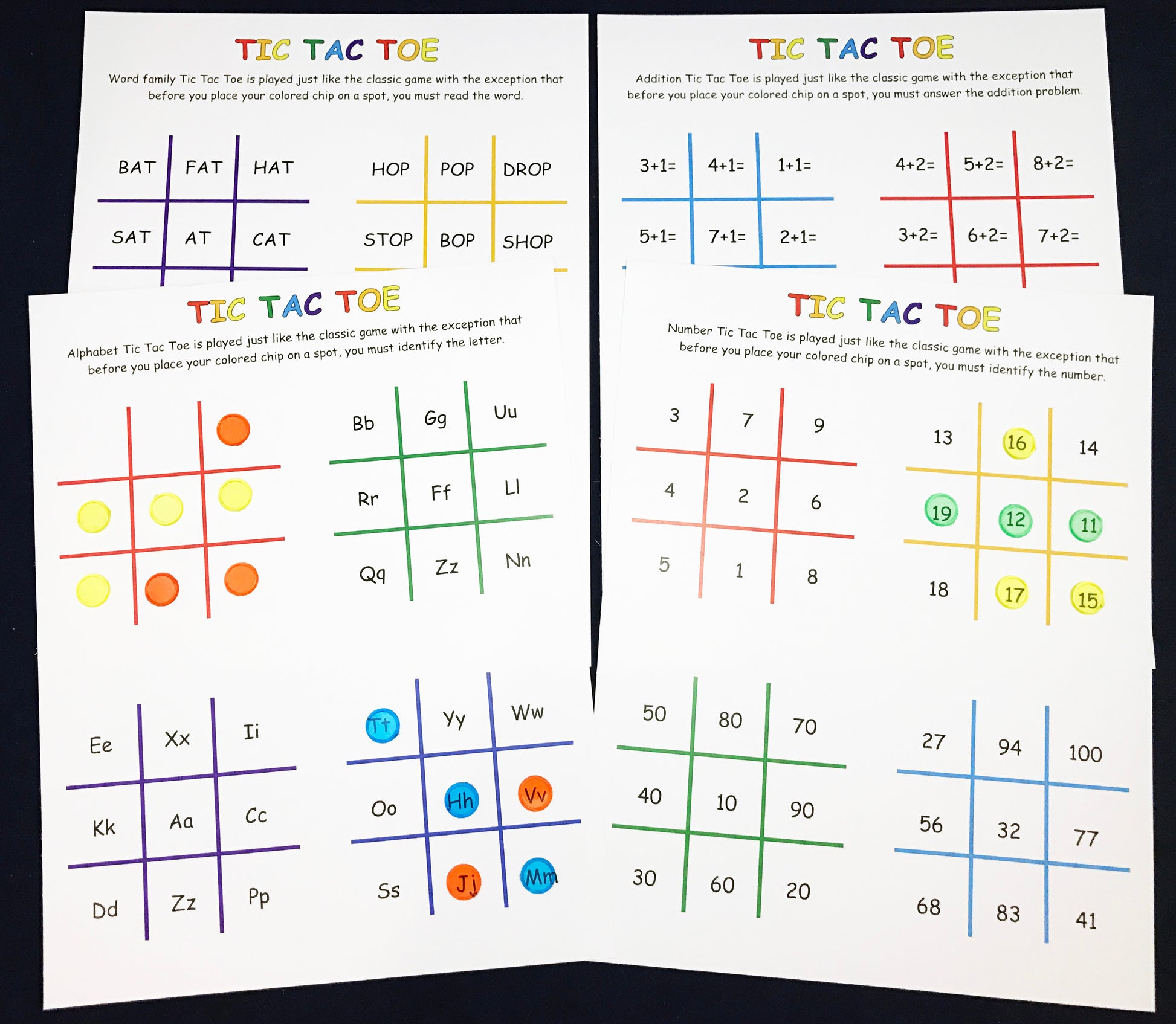 Tic Tac Toe with letters, numbers, words, and addition