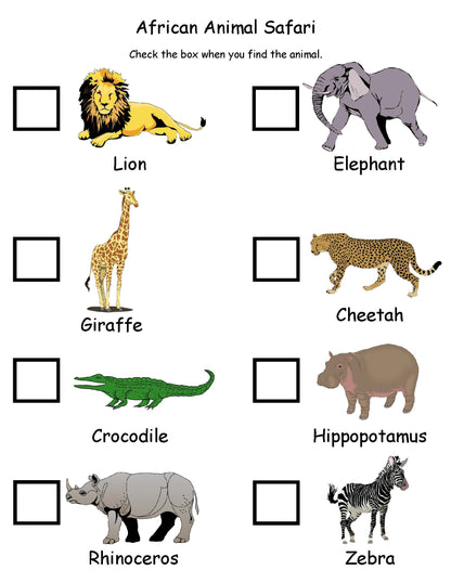safari hunt check list for kids